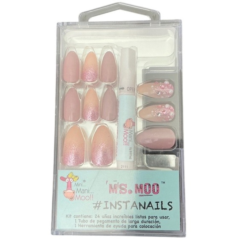 Ms. Moo InstaNails Kids False Nail Set 24 pc Glue On Artificial Pink
